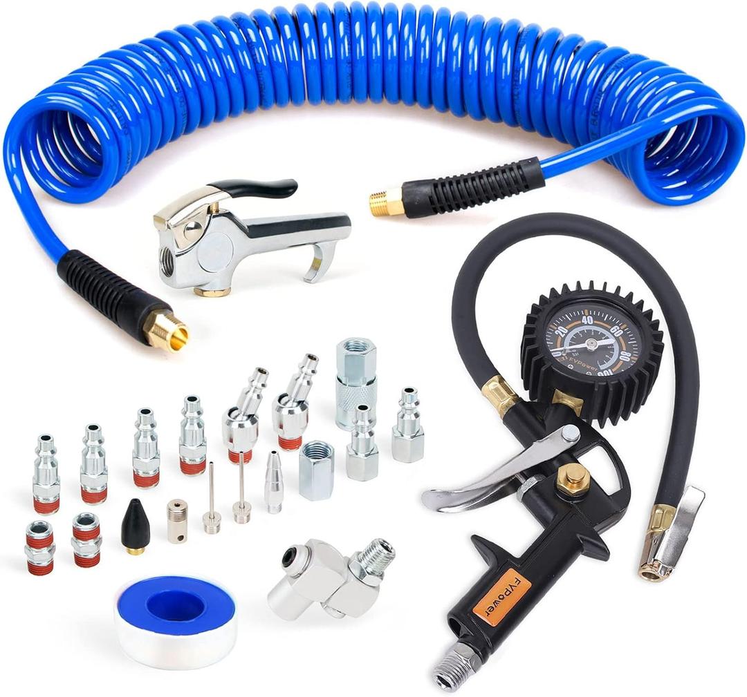 22 Pieces Air Compressor Accessories kit, 1/4 inch x 25 ft Recoil Poly Air Compressor Hose Kit, 1/4" NPT Quick Connect Air Fittings, Tire Inflator Gauge, Blow Gun, Swivel Plugs