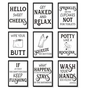 MJONG 9 Pieces Bathroom Decor Wall Art Posters Artwork Funny Bathroom Signs Canvas Prints, Vintage Washroom Quotes Sayings Pictures Wall Decor for Restroom Toilet Decoration Unframed 8x10in