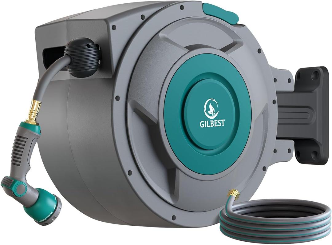 Retractable Hose Reel, 5/8 "x 100 ft Retractable Garden Hose Reel Wall Mounted, for Cleaning, Watering, with 10-Function Hose Nozzle, Any Length Lock, Heavy Duty, 180Swivel (Green)