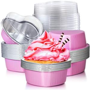 Patelai 40 Sets 1.86 oz Mini Heart Shaped Cake Pans with Lids Aluminum Foil pan 55 ml Disposable Cupcake Chocolate Dessert Baking Containers for Party(Pink)