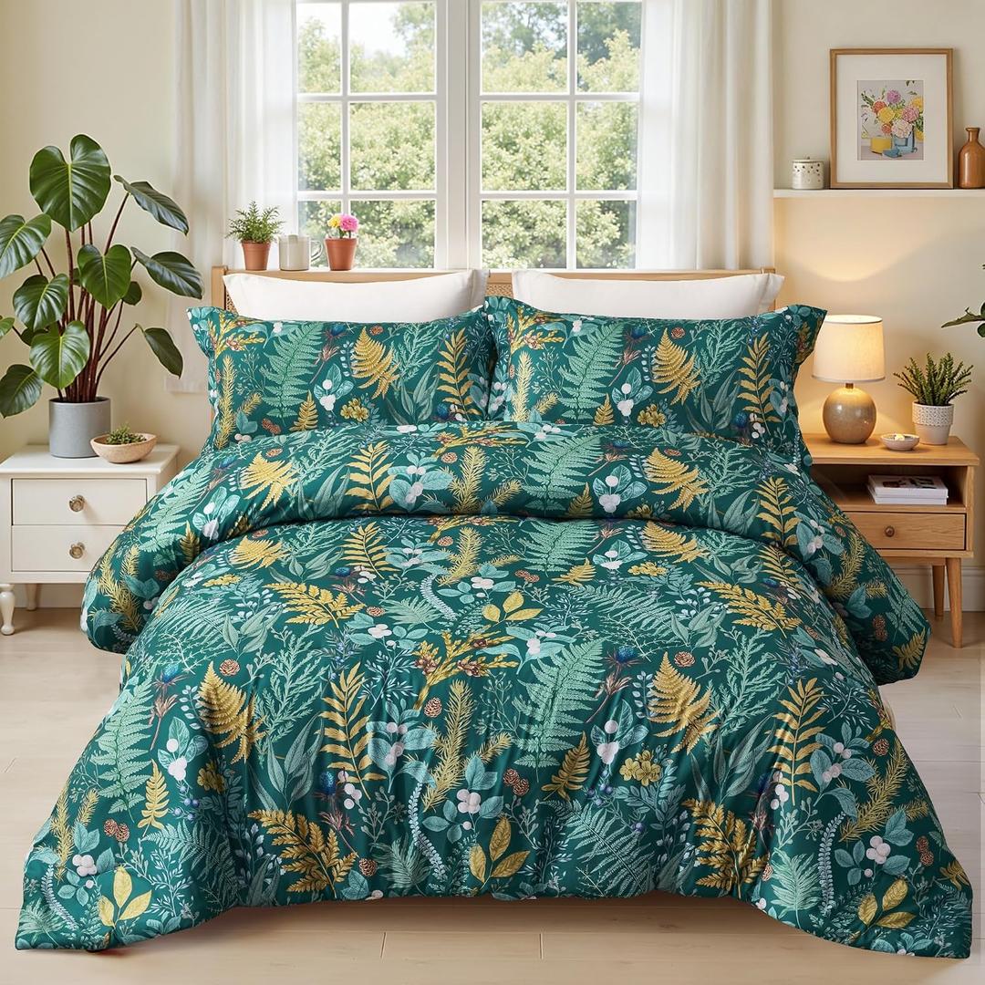 King Comforter Set - 3 Pieces Botanical Bedding Comforter Set, 1 Soft Dark Green Plant Flowers Comforter (104"x90") and 2 Pillow Shams(20"x36") Ultra-Soft Comfort Suitable for All Seasons