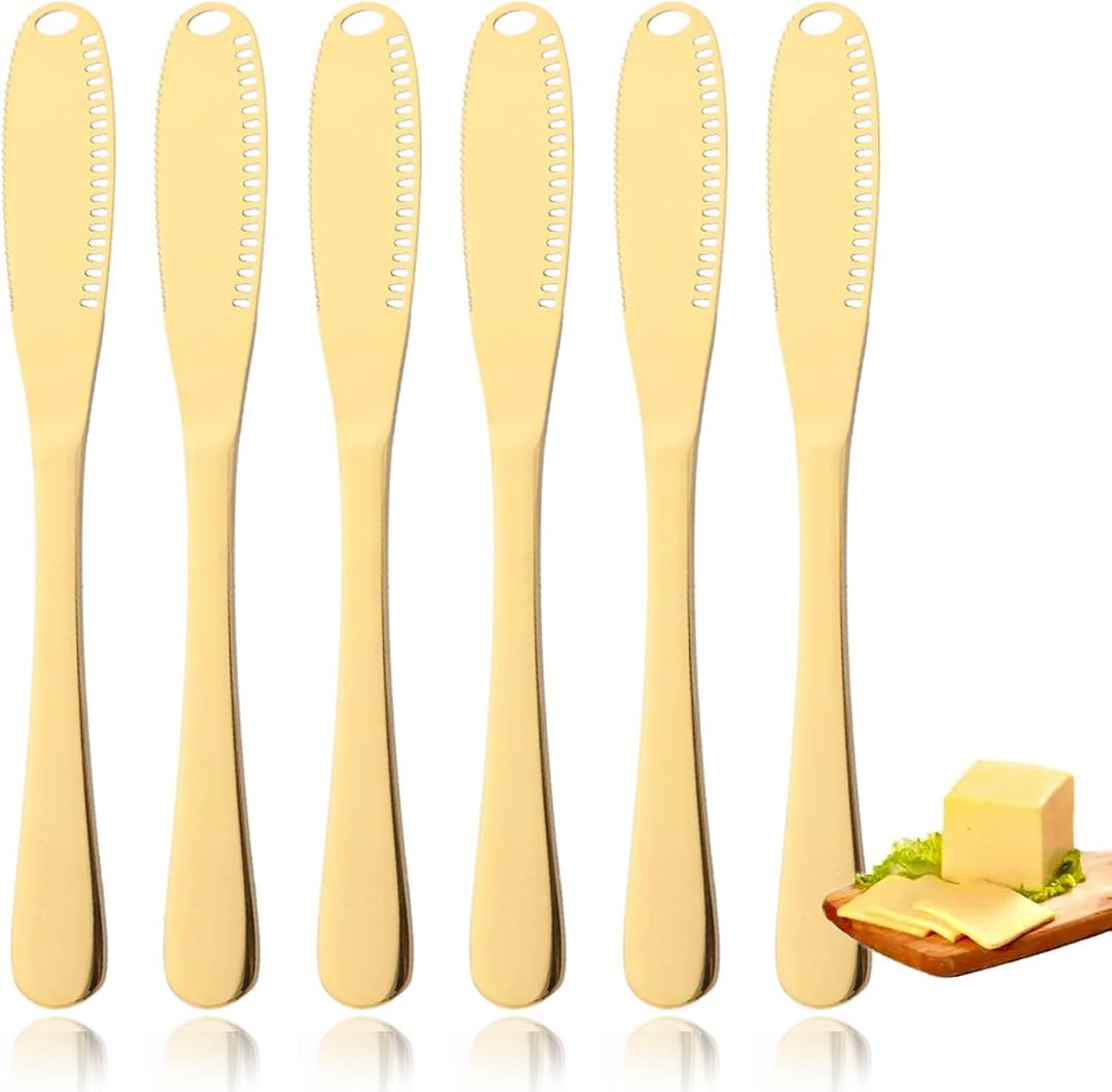 JASHII 6-pieces Stainless Steel Spreader Knife, Shiny Peanut Butter Knives Butter Knife Spatulas Spreader and Curler for Spreads Butter Cheese and Condiments - Gold