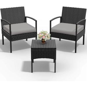 PROHIKER 3 PCS Patio Rattan Conversation Chairs Set, Outdoor Patio Furniture Balcony Furniture Set, Wicker Patio Bistro Set for Garden Porch Balcony Yard, Gray (Grey)