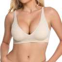 Waitgirl No Underwire Bras for Women Deep V Jelly Bra with Support Full Coverage Push Up Bralettes Cream X-Large
