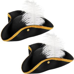 Tricorn Pirate Hat with Feather Black Colonial Hat for Women Men Halloween Costume