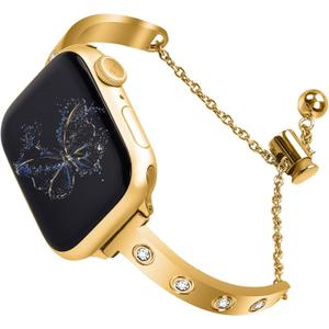 Stainless Steel Band Compatible with Apple Watch 38mm 40mm 41mm 42mm 44mm 45mm 46mm 49mm Pretty Luxury Strap with Sparkle Diamond, Dressy iWatch Bracelet, Bling Thin Band for Women (Gold)