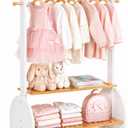 BAMBOOHOMIE Kids Clothing Rack with Adjustable Rods, Children Clothes Garment Rack for Kids Baby Pet, Kids Dress Up Rack with 2 Bottom Shelves, Kids Wardrobe Closet for Toddlers Nursery (White)