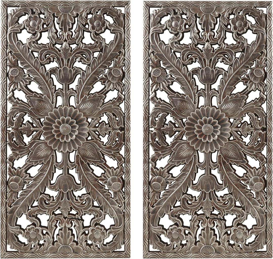 Madison Park Wall Art Living Room Dcor - Floral Antiqued Wooden Carving Wall Decor Panel, Silver Embellished, Ready to Hang Wall Decor for Bedroom, 15.75"W x 31.5"L x 0.59"D, Bronze, 2 Piece