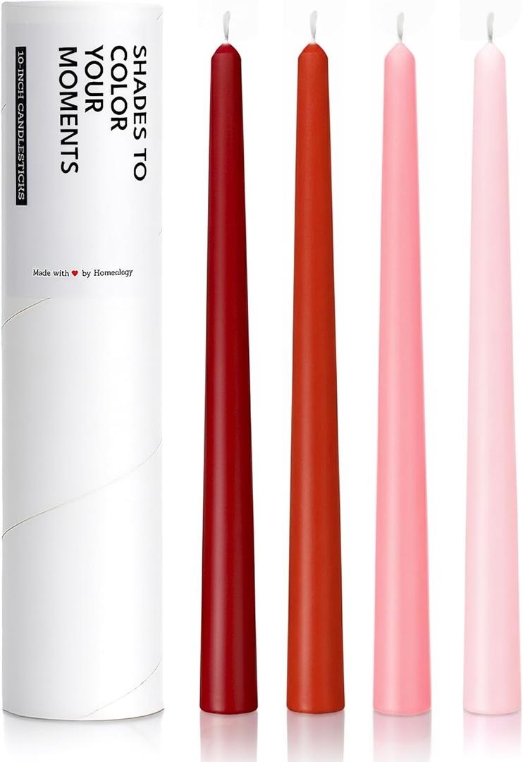 10" Classic Taper Candles, Red & Pink Shades, 4-Pack, 7-8 Hours Long Burning, Unscented Tall Candlesticks