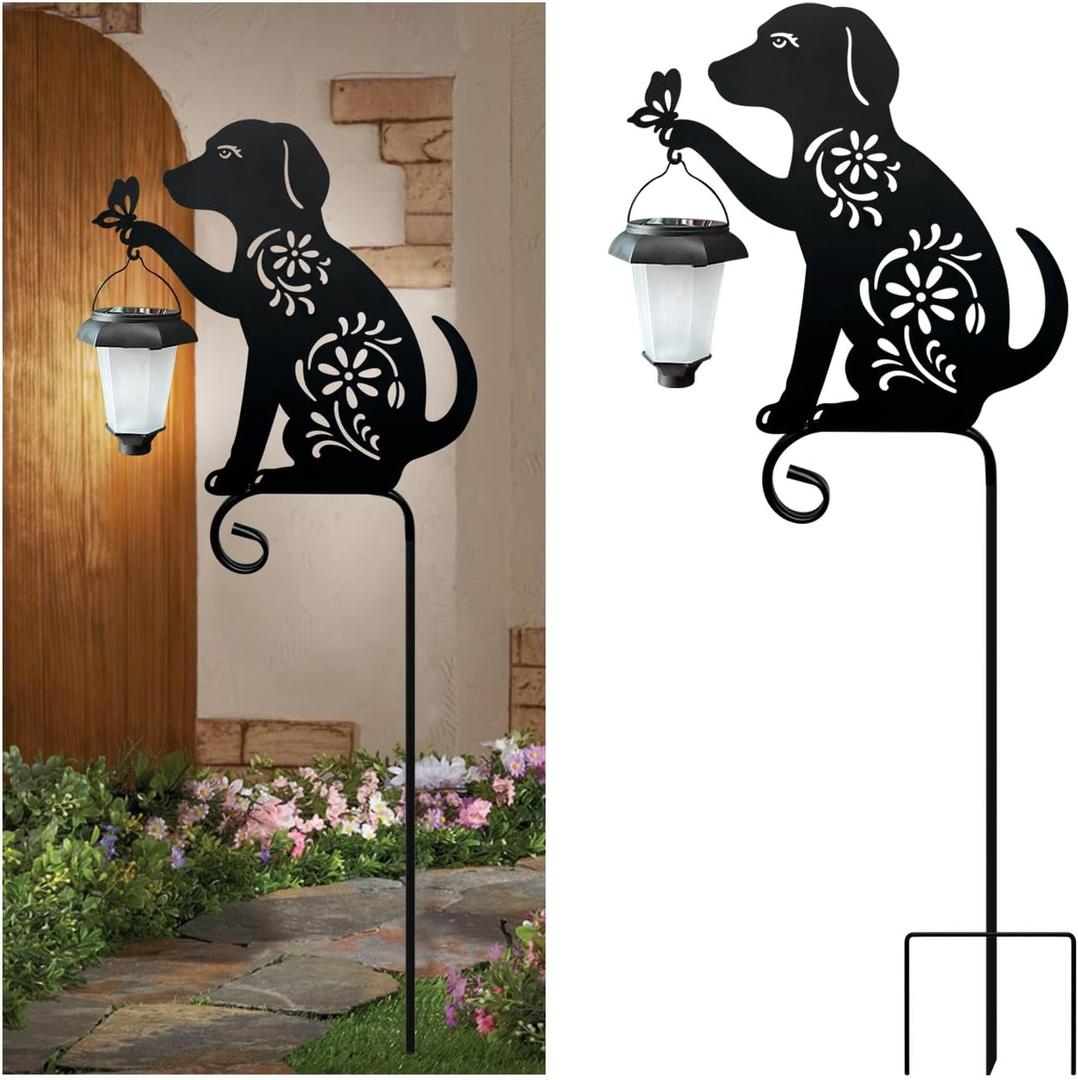 Dog Decorative Garden Stakes Dog Holding Solar Lantern Decorative Garden Stakes for Yard,Lawn,Patio,Pathway,Outdoor Decor Metal Dogs