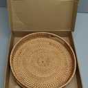 Round Rattan Serving Tray with Handles, Natural Wicker Decorative Tray for Serving, Fruit/Bread Serving Basket, Round Woven Tray14 inch, Gift Idea Choice (14") (13.9")