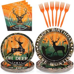 96Pcs Hunting Camo Party Supplies Oh Deer Hunting Birthday Party Decorations 350GSM Disposable Hunting Theme Birthday Tableware Set Camo Plates Napkins Forks for Outdoor Camping Picnic Decor Serves 24