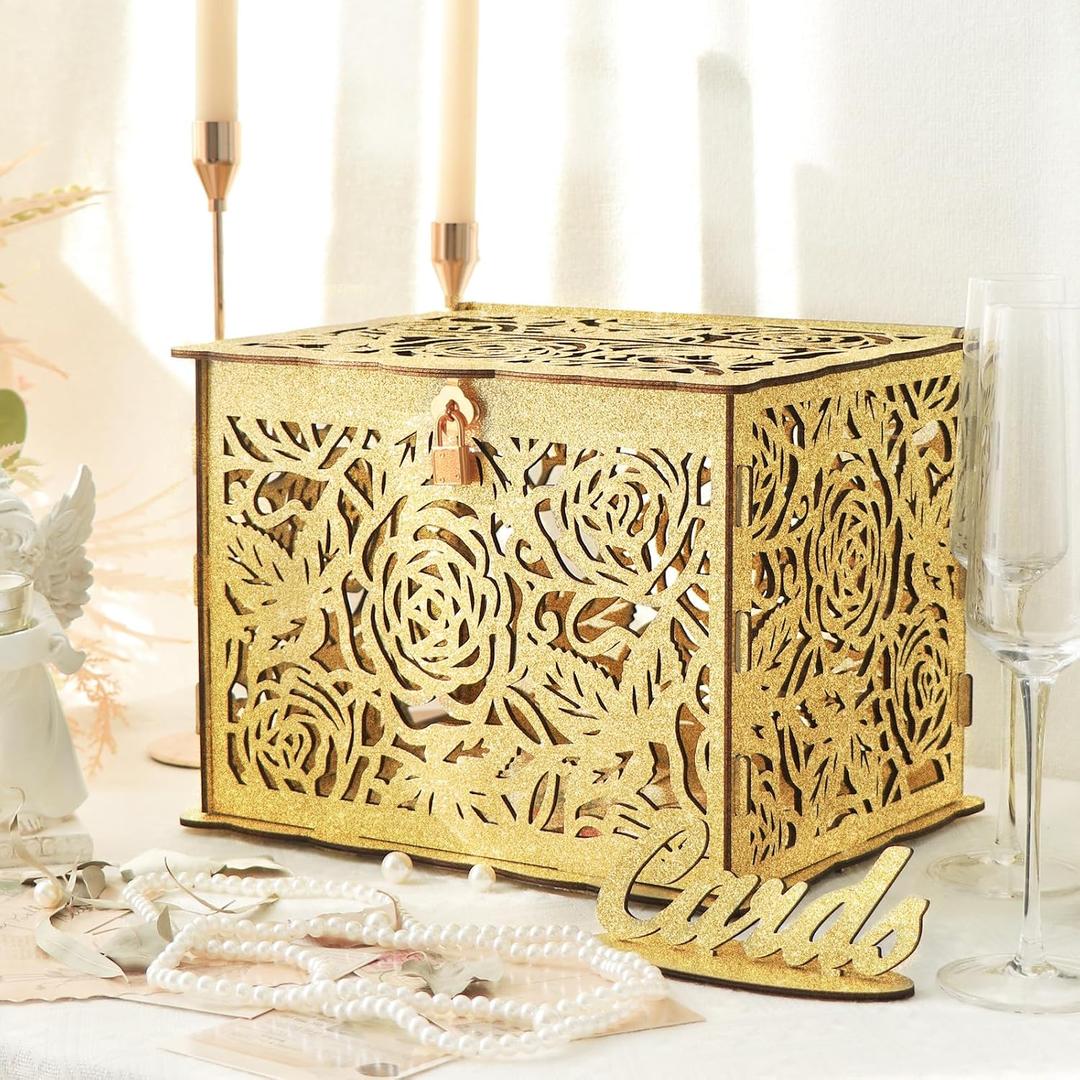 Glittery Gold Wedding Card Box with Lock, Wooden Gift Card Box for Wedding Reception, Elegant Wedding Money Envelope Card Box Holder for Party Graduation Birthday Baby Shower Decorations