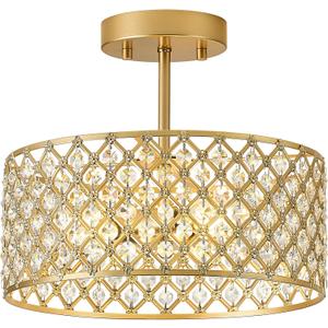 Gold Crystal Ceiling Light Fixture,Modern Semi Flush Mount Ceiling Lighting Fixture,Round Small Chandelier for Dining Room, Hallway, Entryway, Kitchen, Bedroom,Foyer,3 Light,12 inch