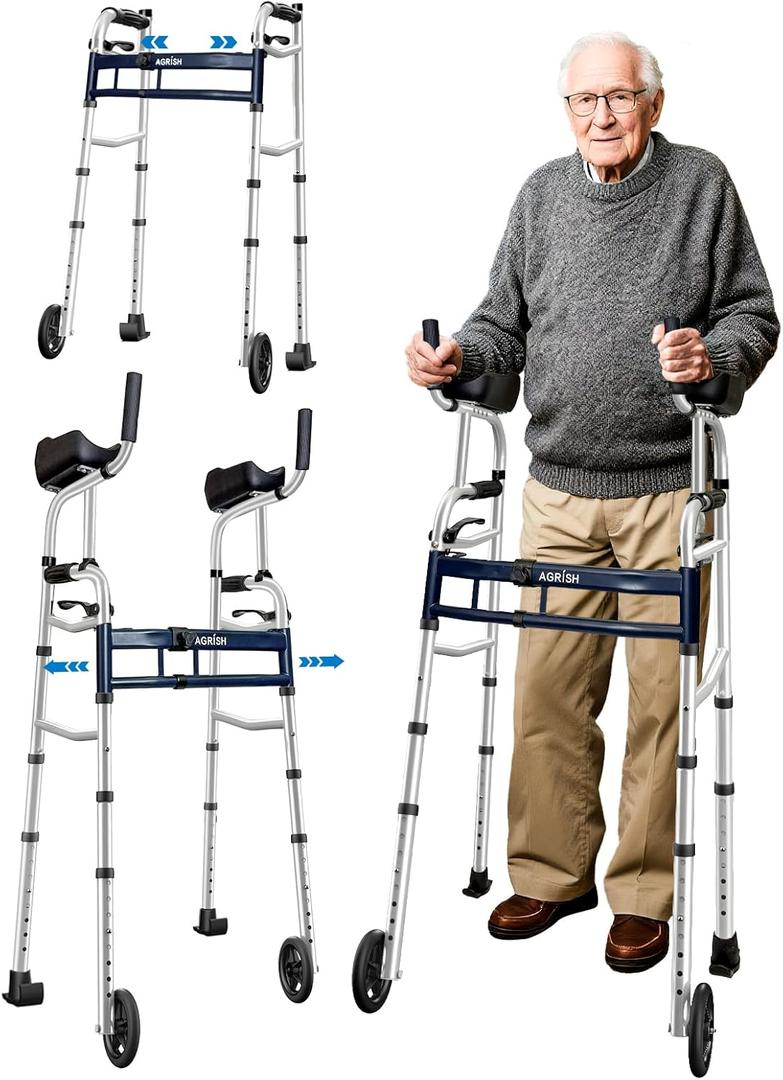 Narrow Walker Folding Upright Walker - with Removable Armrests, 450LBS Heavy Duty, Width & Height Adjustable Narrow Walkers for Seniors, Disabled, Bariatric