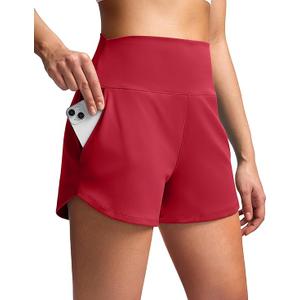 Soothfeel High Waisted Athletic Running Shorts for Women 3.5" Tummy Control Comfy Workout Gym Hiking Shorts with Pockets (Medium, Red)