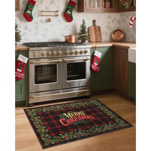 GarveeHome 2x4 Christmas Red Checkered Rug for Entryway Non Slip,Christmas Holly Fruit Print Kitchen Rugs Washable Area Rug, Low Pile Soft Holiday Decor Small Carpet for Entrance Indoor