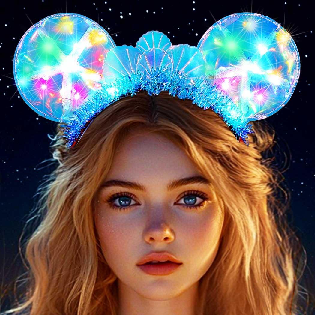 GORAIS Light Up Mouse Ears Headband LED Starfish Hair Bands Blue Shell Rave Costume Hair Accessories for Women
