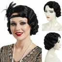 STfantasy 20S Finger Wave Wig Flapper Curly Synthetic Hair for Women 1920s Cosplay Costume Halloween Party Daily Everyday Wear (Black)