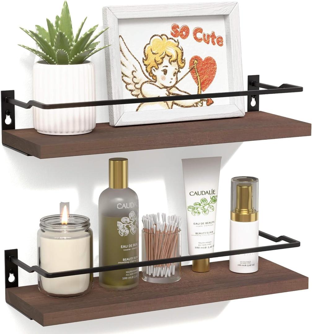 RICHER HOUSE Floating Shelves, Small Wall Shelf for Bathroom Decor, Rustic Wall Mounted Wood Shelves Set of 2, Bathroom Organizer Over Toilet Storage, Kitchen Shelf - Rustic Brown