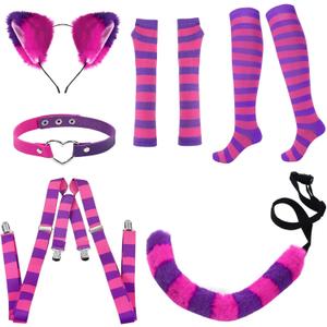 Pink and Purple Striped Cat Costume Accessories, Furry Cat Headband and Tail, Halloween Party Dress Up (Set of 6)