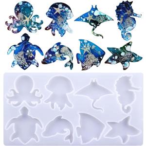 8 Style Seahorse Starfish Manta Clownfish Dolphin Jellyfish Octopus Turtle Pendant Epoxy Mold, DIY Resin Casting Silicone Mold, 7cm