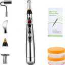5-in-1 Massage Acupuncture Pen, Electronic Pain Relief Therapy, Meridian Energy Massager Pen Self Massage Tools Muscle Healing with Massaging Gel (Silver)