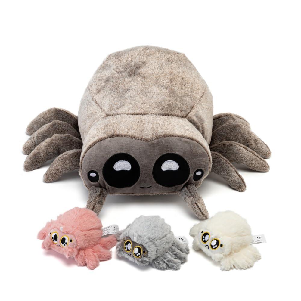Cuddly Spider Plush Toy with Surprise - Soft Stuffed Animal Mommy Spider with 3 Baby Spiders in Zipper Tummy, Set for Kids, Fun Interactive Plushie for Ages 3-8(18 inch)