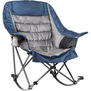 Oversized Rocking Camping Chair for Adults - 400lbs Capacity Padded Camp Chair with Cup Holder, Portable Foldable Outdoor Rocker Chair for Camping, Backyard, Patio (Blue & Gray) (1 PCS)
