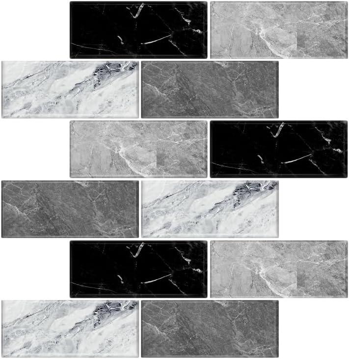 10 Sheets Peel and Stick Backsplash for Kitchen 12"X12" Back Splash Adhesive Subway Wall Tile Flat Vinyl Sticker for Bathroom on Renter Friendly Marble 2-6 (Not 3D Tile)