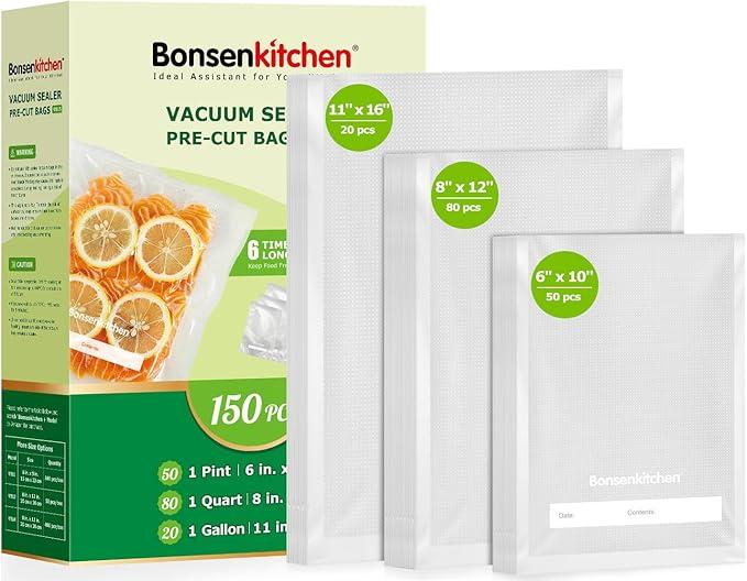 Bonsenkitchen Vacuum Sealer Bags, 20 Gallon 11" x 16"+ 80 Quart 8" x 12"+ 50 Pint 6" x 10", Commercial Grade, BPA Free, Food Sealer Bags for Vac Storage, Meal Prep or Sous Vide Cooking, VB15