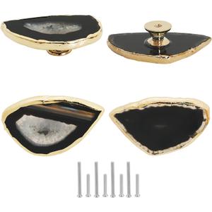 Malimali Unique Black Agate Cabinet Knobs and Pulls Set of 4, Knobs for Cabinets and Drawers Gold Dresser Knobs Bifold Door Knob for Closet Kitchen Cupboard