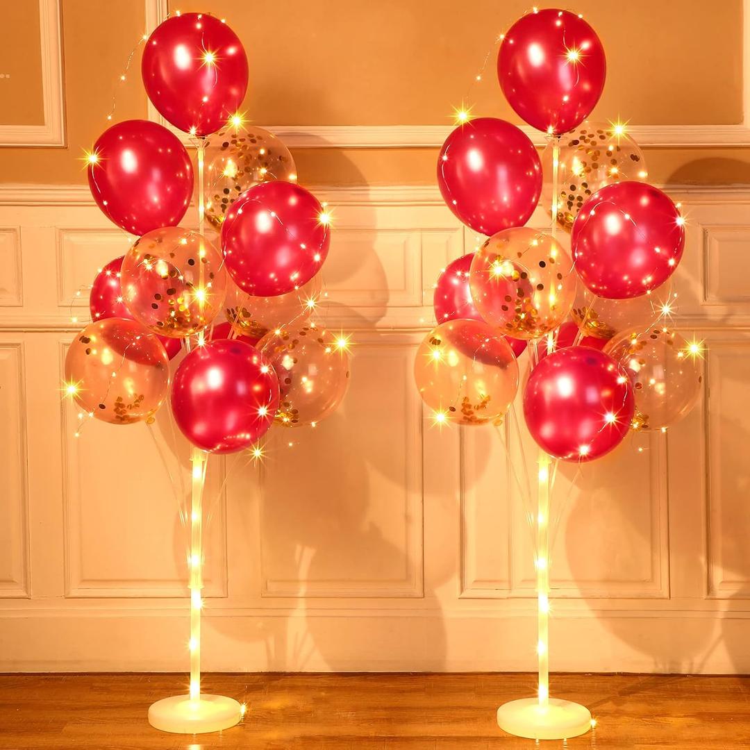 Sosation 2 Set Floor Balloon Column Stand Kit with 40 Balloons and LED Light Holder Ideal for Baby Shower Birthday Wedding Halloween Christmas Party Decor Supplies(Rose Red)