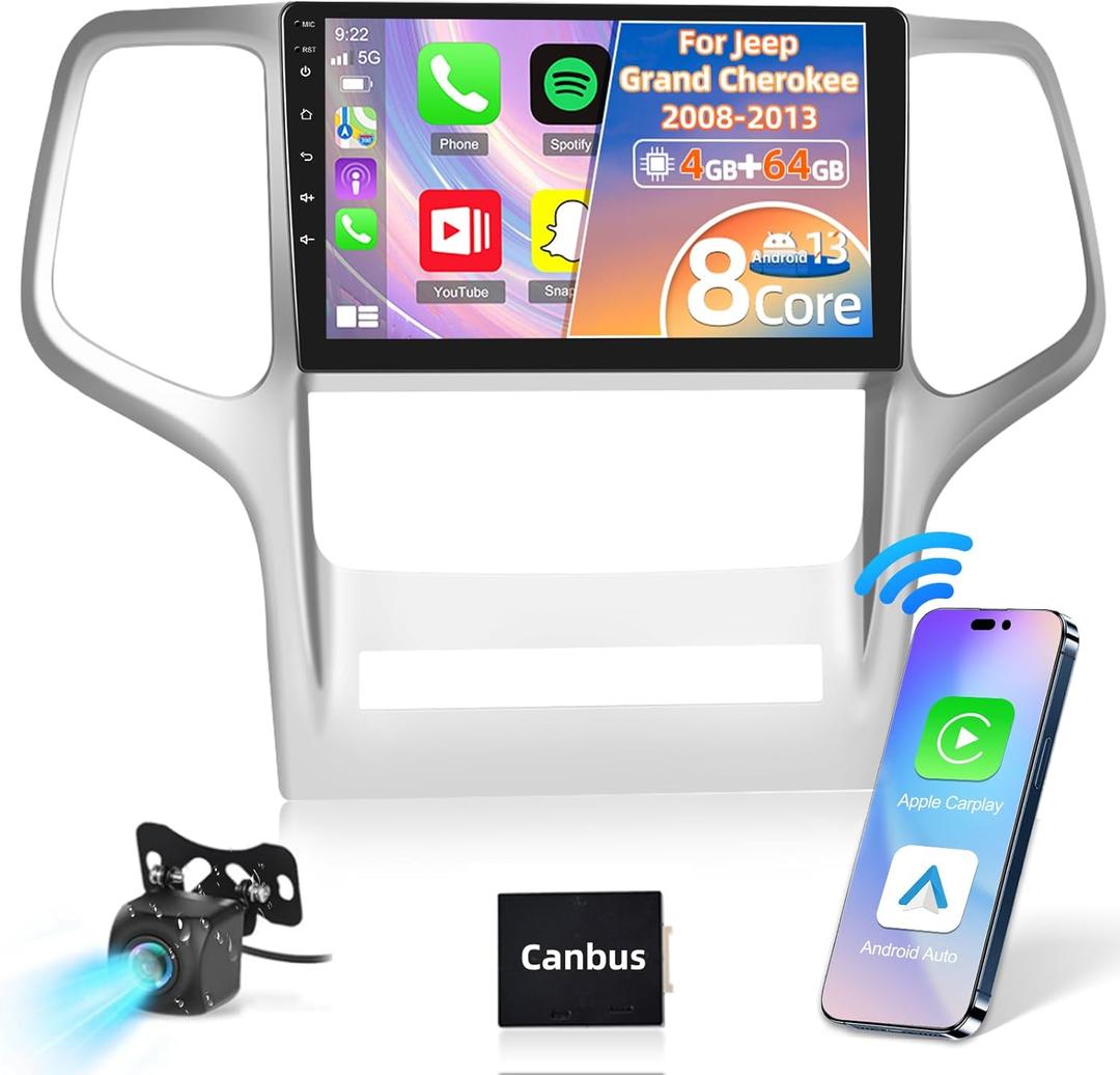 [4G+64G 8-Core] for Jeep Grand Cherokee 2008-2013 Upgrade Radio - Wireless Carplay & Android Auto - 9 inch IPS 1280 * 720P Touchscreen Android 13 Stereo - DSP/32EQ/59 UI/WiFi/GPS + AHD Backup Camera