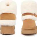 Furry Winter Boots for Women, Block Heels Snow Boot Platform Flurry Fuzzy Winter Booties Buckle Slip-On Comfort Outdoor Walking Shoes (5, Chestnut)