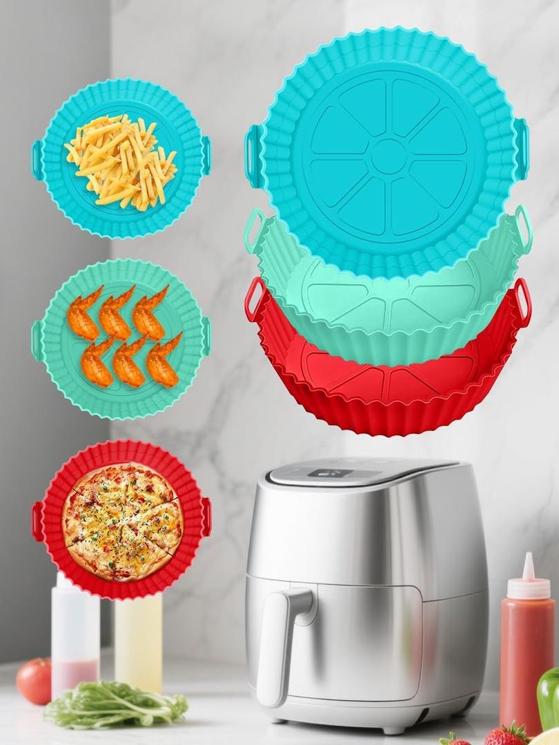 3 Pack 8 Inch Air Fryer Silicone Liners Pot,Air Fryer Basket Liners, Silicone Baking Tray Pots for 3 to 5 Qt for Air fryer Oven Reusable Baking Tray Oven Accessories (Red+Green+Blue)