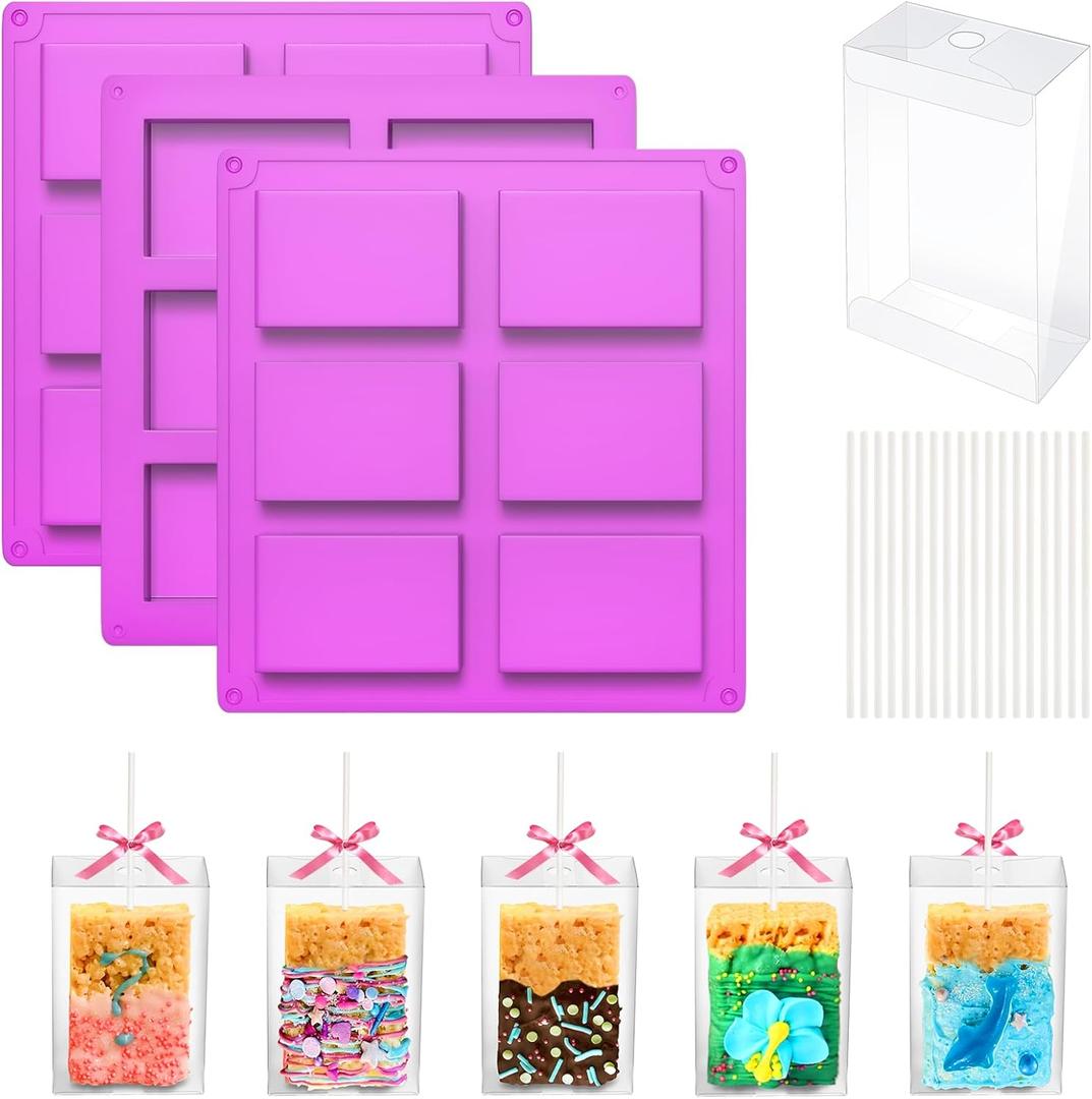 MGWOTH Rice Krispy Treats Making Set: 3PCS Silicone Crispy Cereal Bar Mold with 35 Clear Boxes & Cake Pop Sticks, Small Baking Container for Marshmallow, Christmas Chocolate Dessert Party Packaging