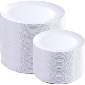 PULOTE 200 Pieces White Plastic Plates Disposable - Include 100PCS 10 inch Dinner & 100PCS 7 inch Dessert Plates, Ideal for Party & Wedding