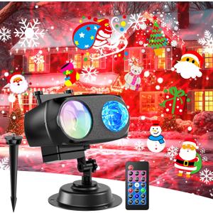 8-Pattern Christmas Projector Lights Outdoor 2-in-1, Holiday Projector Lights Outdoor 26 Effects (Projection Card +3D Ocean Wave) with Timer, Halloween Christmas Decorations Lighting for Party Decor