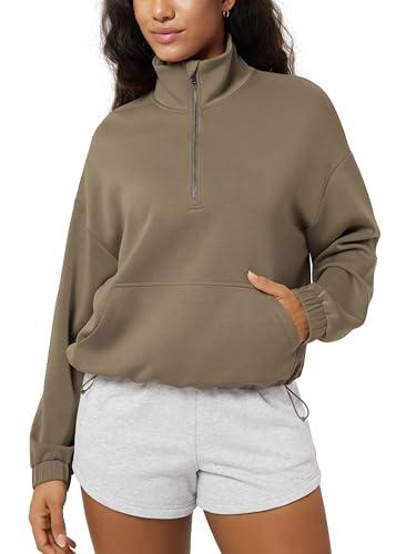 ODODOS Women's Modal Soft Cinchable Sweatshirts Half Zipper Funnel Neck Oversize Pullover with Pockets, Espresso, X-Large