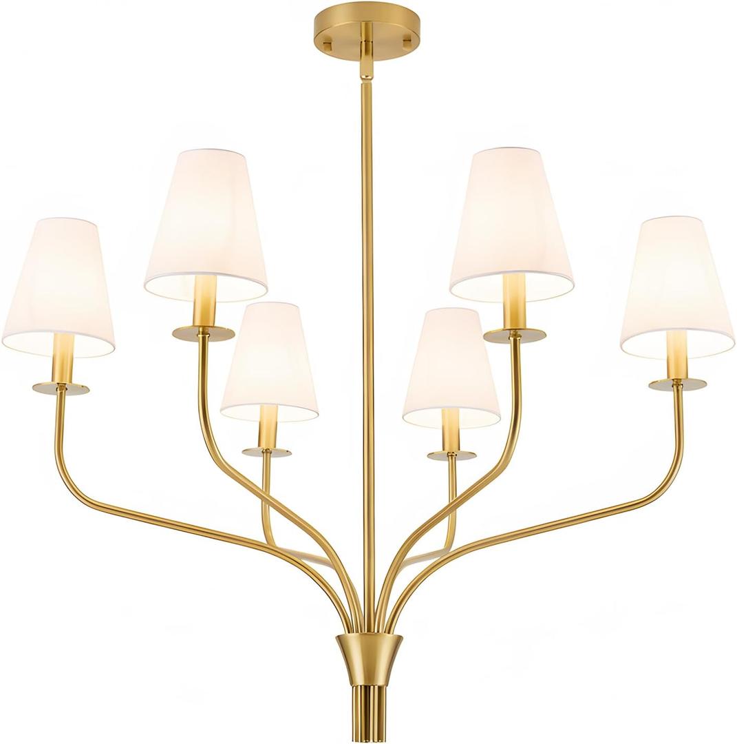 30" Modern Gold Chandelier for Dining Room, 6-Light Brushed Brass Pendant Light Fixture with White Fabric Shade, Ceiling Lighting for Living Room Bedroom Kitchen Island, E12