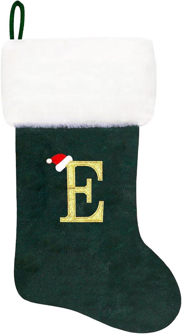 20 Inches Monogram Christmas Stockings Green Velvet with White Super Soft Plush Cuff Embroidered Xmas Stocking Classic Personalized Stocking Decoration for Family Holiday Season Decor(Letter E)