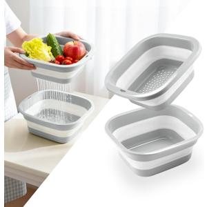 SINGARO 1.5 Gal (5.5L) Collapsible Dish Basin with Drain Basket Colanders, Multiuse Double-Layer Foldable Strainers Sink Tub, Collapsible Wash Basin Pan, Plastic Tubs, Dishpan, Kitchen Sink, Grey (Gray) M