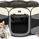 Dog Playpen for Small Dogs & Puppies, 40.55" Portable Indoor Outdoor Puppy Playpen with Bowl, Waterproof Floor, Foldable Pop-Up Pet Pen for Home, Travel & Daily Use, Grey+Beige