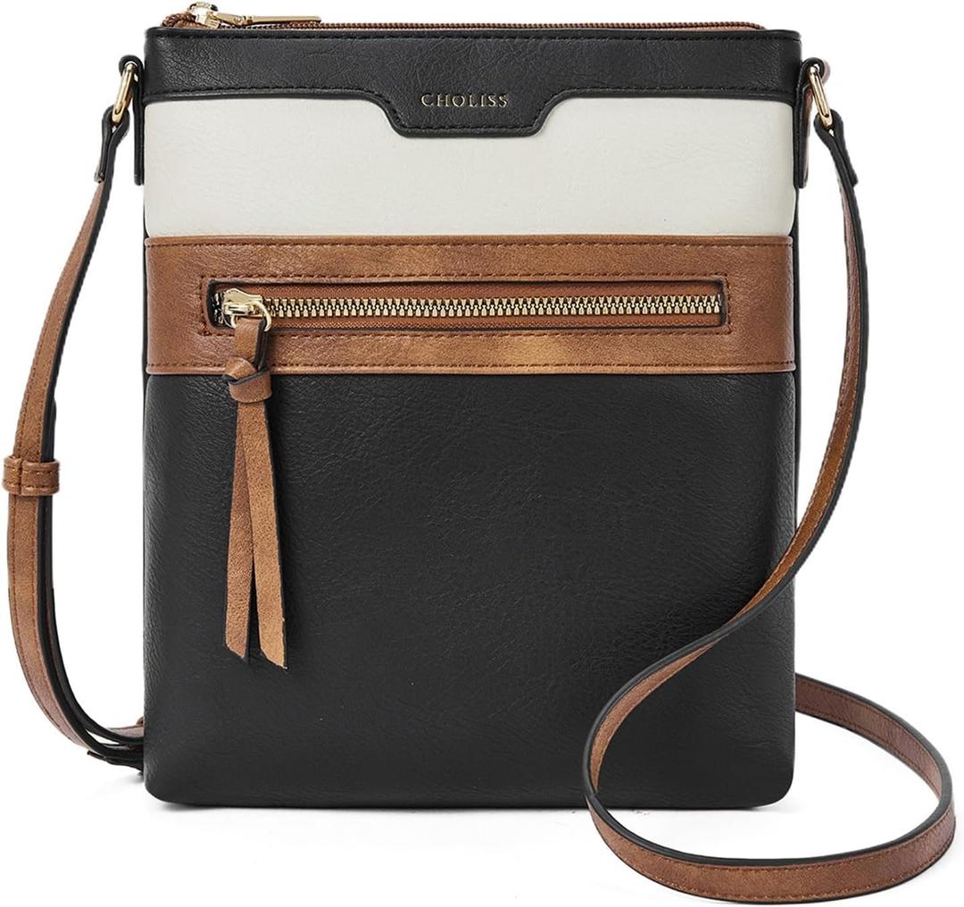 CHOLISS Crossbody Bags for Women, Purses for Women Handbags with Vegan Leather, Travel Purse Over Shoulder Bag (Small - Black With Brown & White)