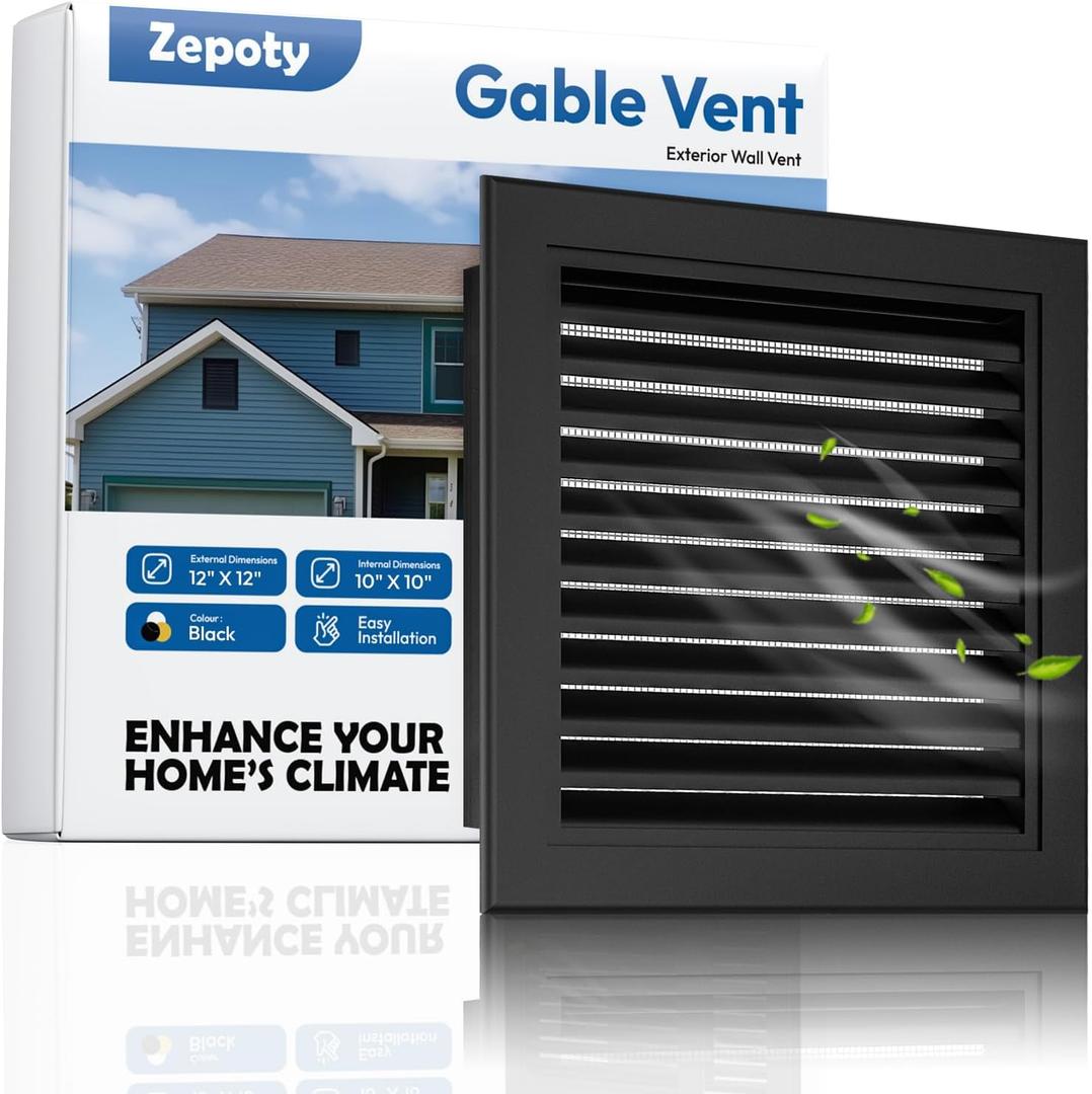 12" X 12" Gable Vent - Premium Aluminum, Sturdy & Stylish Shed Vents with Screen, Effectively Removing Heat and Humidity - Ideal for Ventilation in Houses [Vent Opening: 10" x 10"] (Black)