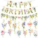 SUNBEAUTY Wildflowers Butterfly Birthday Decorations Garden Flower Happy Birthday Banner with Floral Hanging Swirls Wildflower Party Decorations for Women Girls Baby Shower Wedding Tea Party