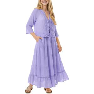 Womens 2 Piece Skirt Sets Summer Tie Front Chiffon Blouse Elastic Waist Maxi Dress Sets Vacation Outfit with Pockets (Purple, L)