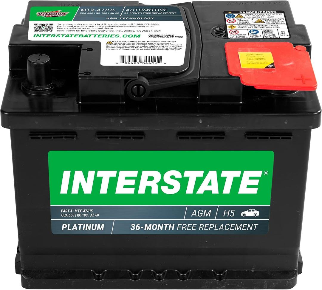 Interstate Batteries Mega-Tron Automotive Battery 12V 60Ah (Group Size H5, 47) 650CCA SLI AGM Automobile Replacement Battery for Cars, SUVs, Sedans, Trucks (MTX-47/H5)