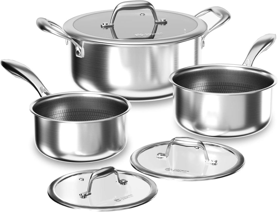 COOKER KING Hybrid Nonstick 6 Pcs Pot Set, 1.5 & 2QT Saucepan and 5-Quart Pots with Glass Lids, Induction Stainless Steel Cookware, Stay-Cool Handles, Dishwasher Safe, Compatible with All Cooktops